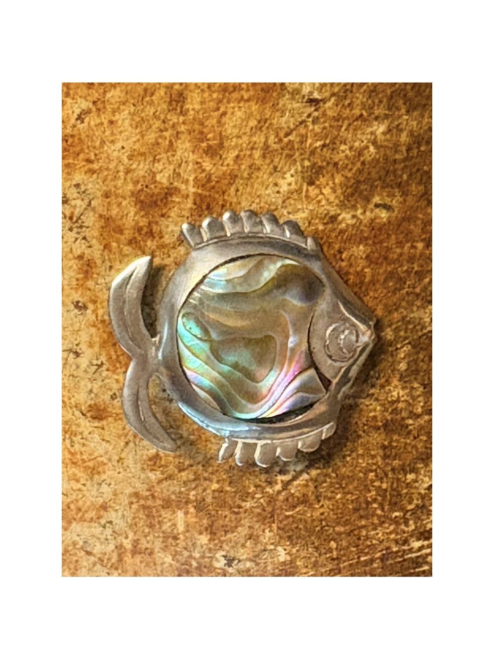 Taxco Pin/Brooch Sterling Silver and Abalone Fish Signed FRH Mexico